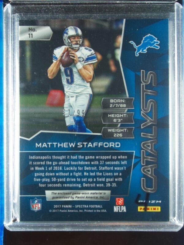 2017 Panini Spectra Matthew Stafford SN99 MEM #11 Lions Catalysts Neon Blue - Image 3