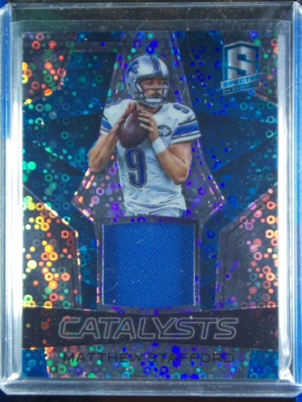 2017 Panini Spectra Matthew Stafford SN99 MEM #11 Lions Catalysts Neon Blue