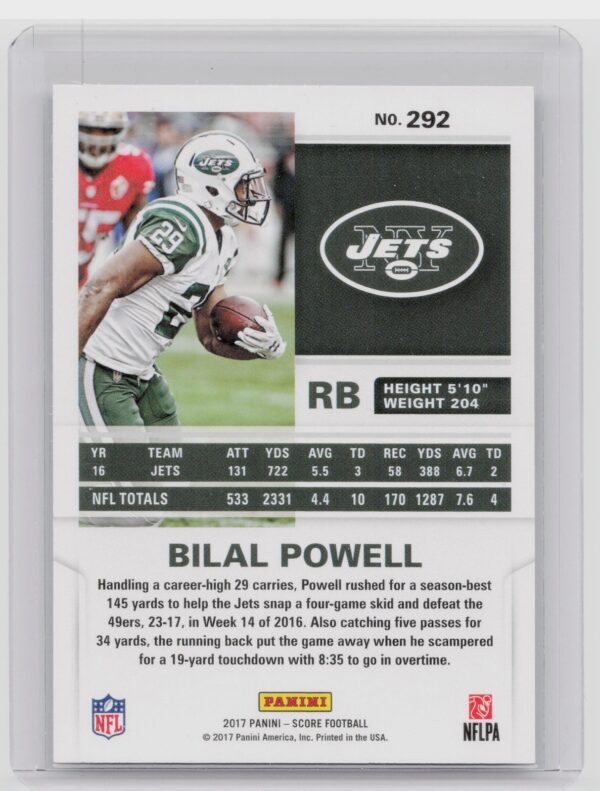 2017 Score Bilal Powell Artist's Proof /35 #292 Jets - Image 3