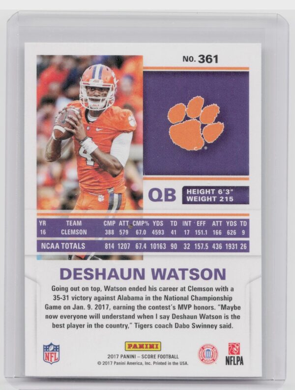 2017 Score Deshaun Watson RC #361 Tigers - Image 3