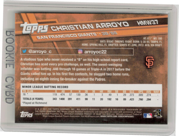 2017 Topps Holiday Christian Arroyo RC #HMW37 Giants - Image 3