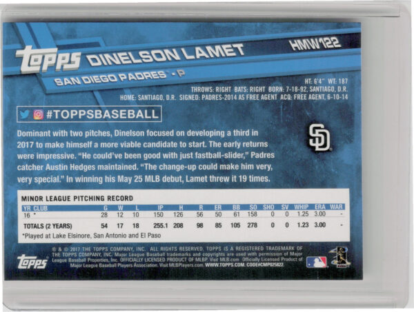 2017 Topps Holiday Dinelson Lamet RC #HMW122 Padres - Image 3
