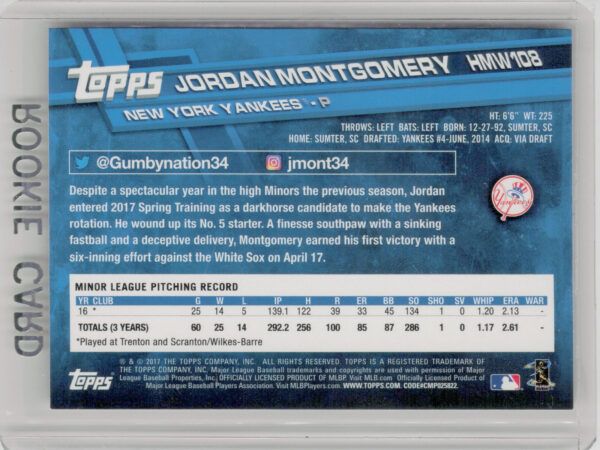 2017 Topps Holiday Jordan Montgomery RC #HMW108 Yankees - Image 3