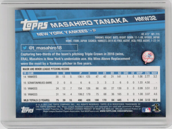 2017 Topps Holiday Masahiro Tanaka #HMW32 Yankees - Image 3