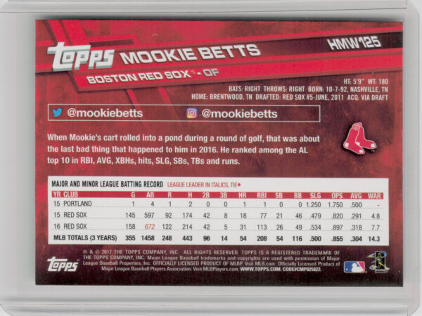2017 Topps Holiday Mookie Betts #HMW125 Sox - Image 3