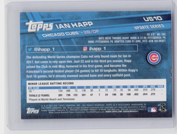 2017 Topps Update Ian Happ RC #US10 Cubs - Image 3