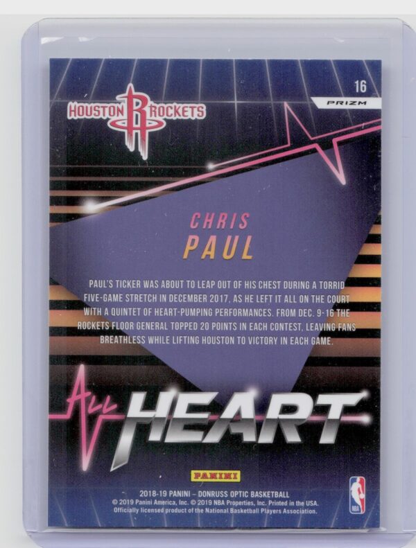 2018-19 Donruss Optic Chris Paul #16 Rockets All Heart Holo - Image 3