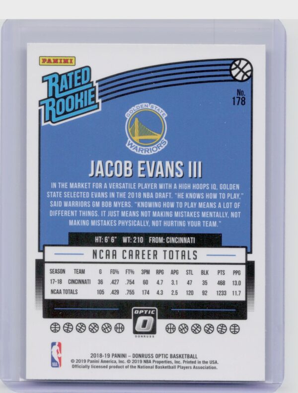2018-19 Donruss Optic Jacob Evans III RC #178 Warriors - Image 3