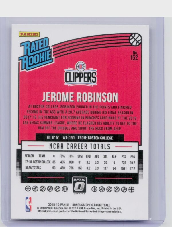 2018-19 Donruss Optic Jerome Robinson RC #152 Clippers - Image 3
