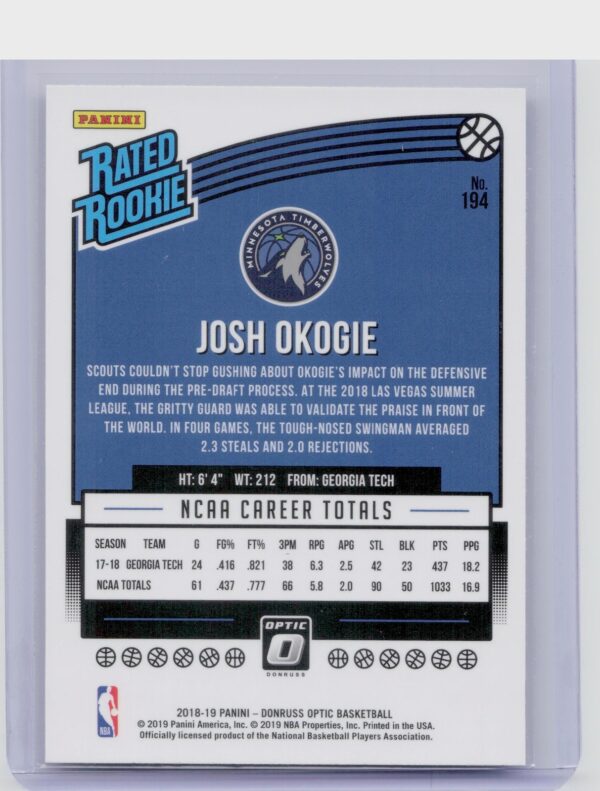 2018-19 Donruss Optic Josh Okogie RC #194 Timberwolves - Image 3