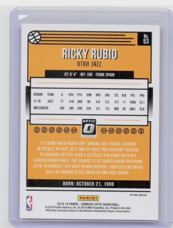 2018-19 Donruss Optic Ricky Rubio Holo #53 Jazz - Image 3