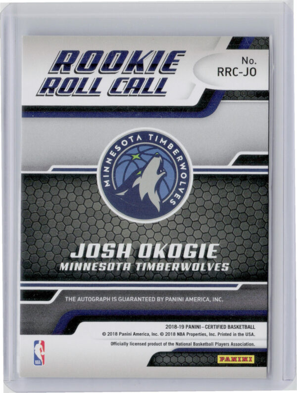 2018-19 Panini Certified Josh Okogie AU #RRC-JO Timberwolves Rookie Roll Call - Image 3