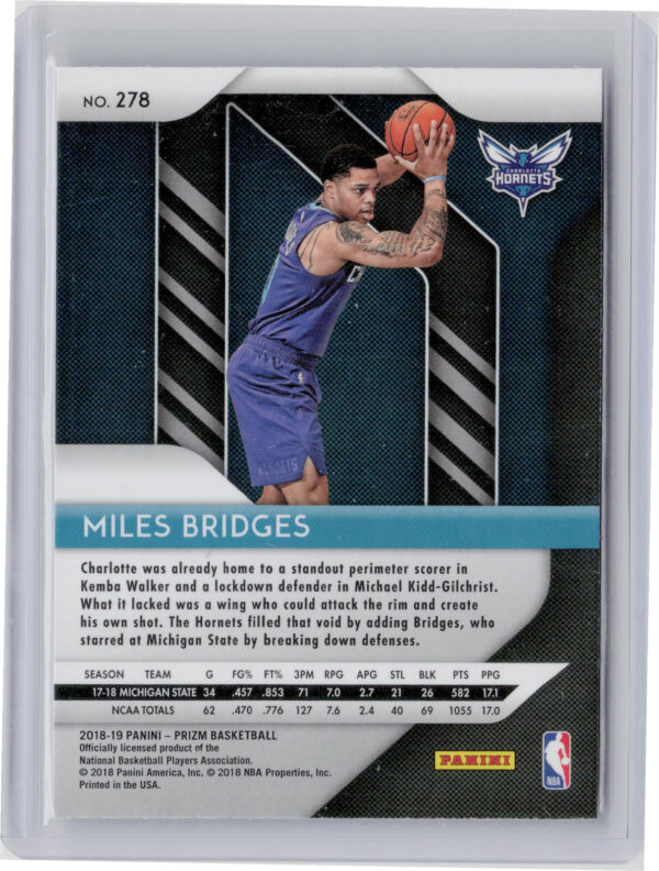 2018-19 Panini Prizm Miles Bridges RC #278 Hornets - Image 3