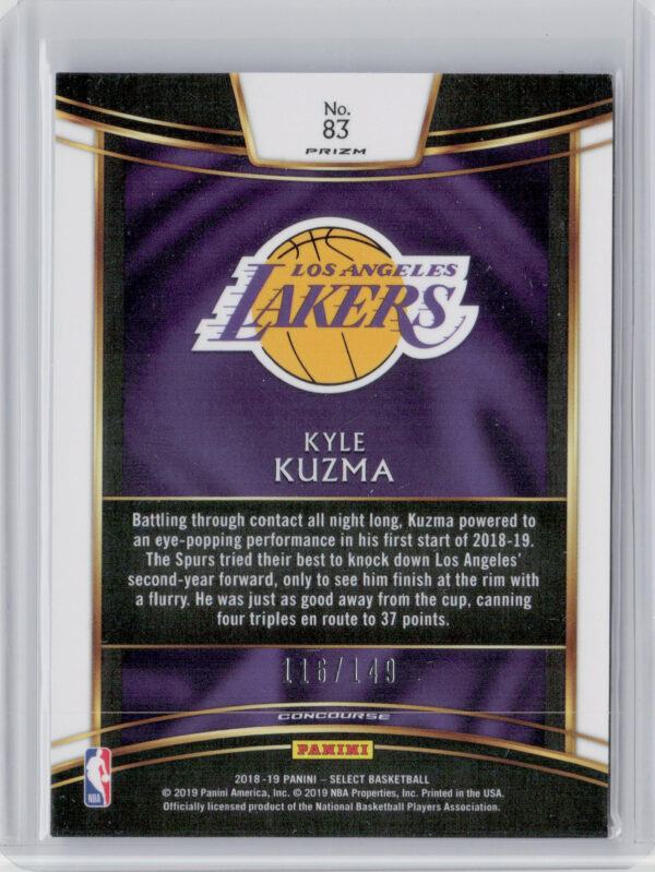 2018-19 Panini Select Kyle Kuzma White Prizms SN149 #83 Lakers - Image 3