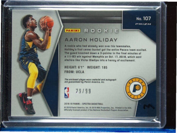 2018-19 Panini Spectra Aaron Holiday Neon Blue AU SN99 MEM #107 Pacers - Image 3