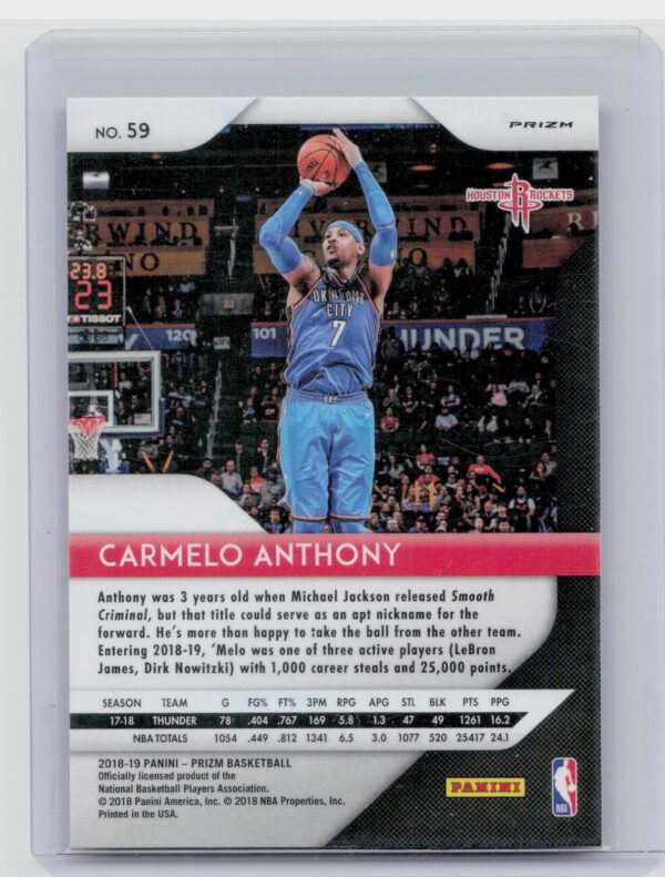 2018-19 Prizm Carmelo Anthony Prizms Ruby Wave #59 Rockets - Image 3