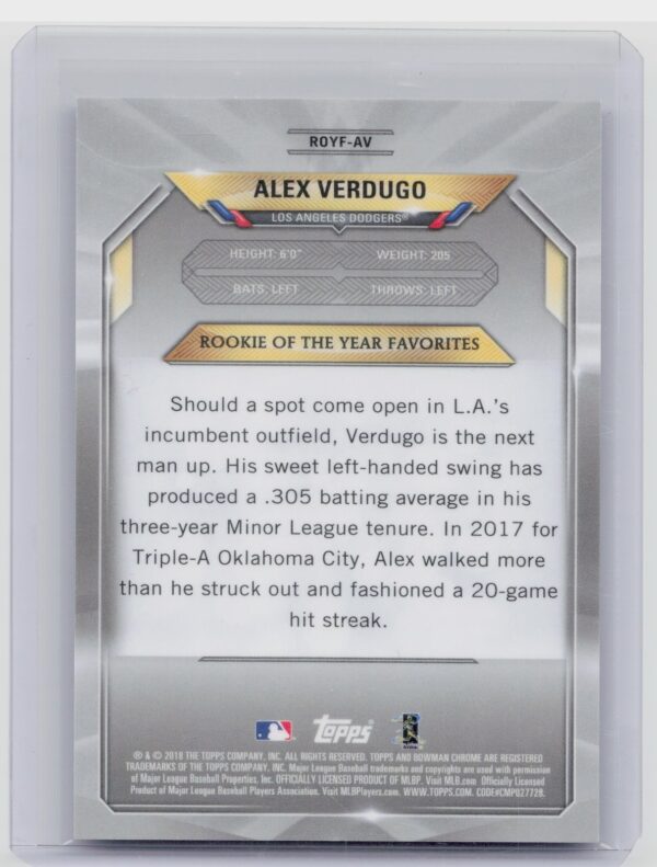 2018 Bowman Alex Verdugo SN250 #ROYF-AV Dodgers Chrome Rookie of the Year - Image 3