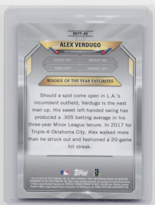 2018 Bowman Alex Verdugo SN99 #ROYF-AV Dodgers Chrome Rookie of the Year - Image 3