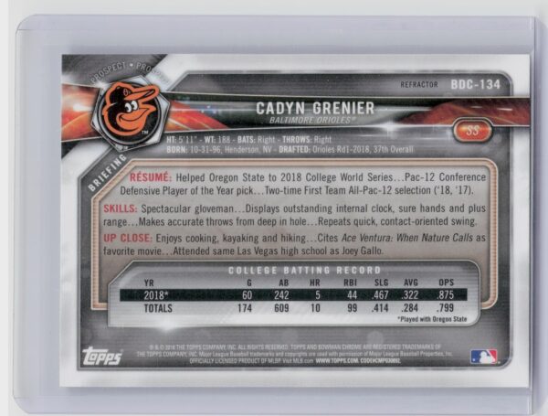 2018 Bowman Draft Cadyn Grenier Chrome #BDC-134 Orioles - Image 3