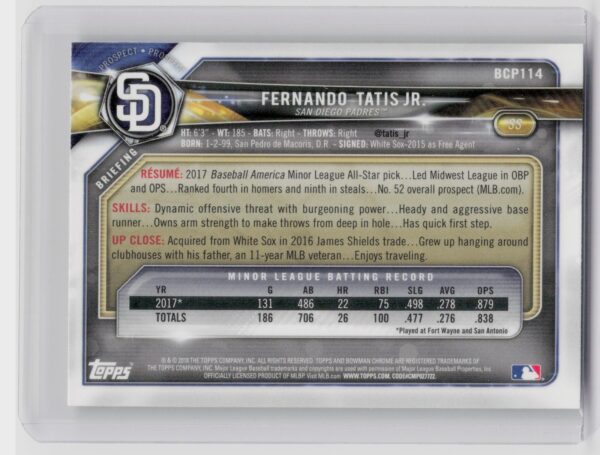 2018 Bowman Fernando Tatis Jr. #BCP114 Padres Chrome Prospects Mojo Refractor - Image 3