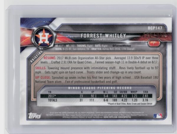 2018 Bowman Forrest Whitley /250 #BCP147 Astros Chrome Prospects Mojo Refractor - Image 3