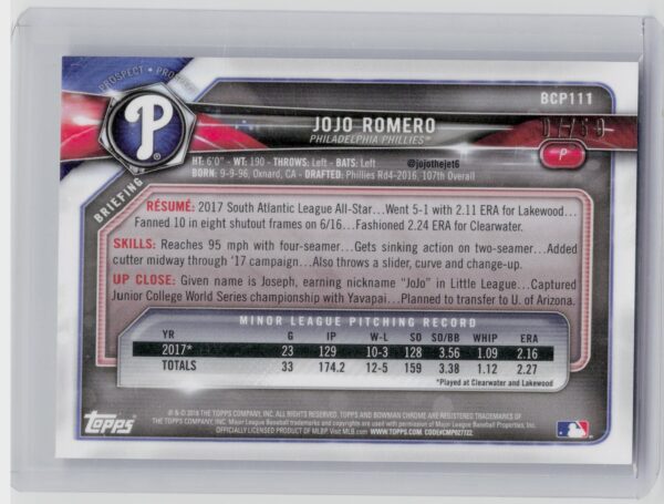 2018 Bowman JoJo Romero /50 #BCP111 Phillies Prospects Mojo Refractor Gold - Image 3