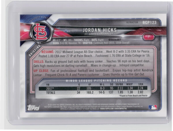 2018 Bowman Jordan Hicks SN499 #BCP123 Cardinals Chrome Prospects Refractor - Image 3
