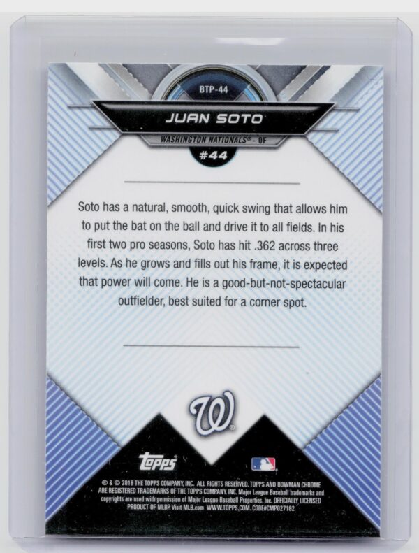 2018 Bowman Juan Soto #BTP-44 Nationals Bowman Chrome Scouts' Top 100 - Image 3