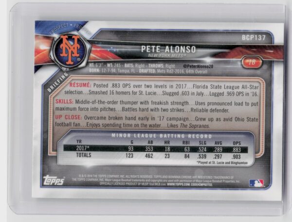 2018 Bowman Pete Alonso #BCP137 Mets Chrome Prospects Mojo Refractor - Image 3