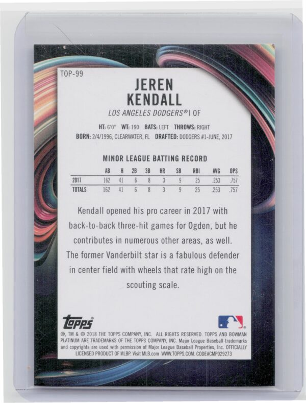 2018 Bowman Platinum Jeren Kendall SN25 #TOP-99 Dodgers Top Prospects Orange - Image 3