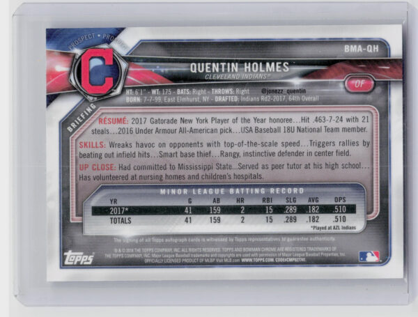 2018 Bowman Quentin Holmes AU #BMA-QH Indians Chrome Mega Autographs - Image 3