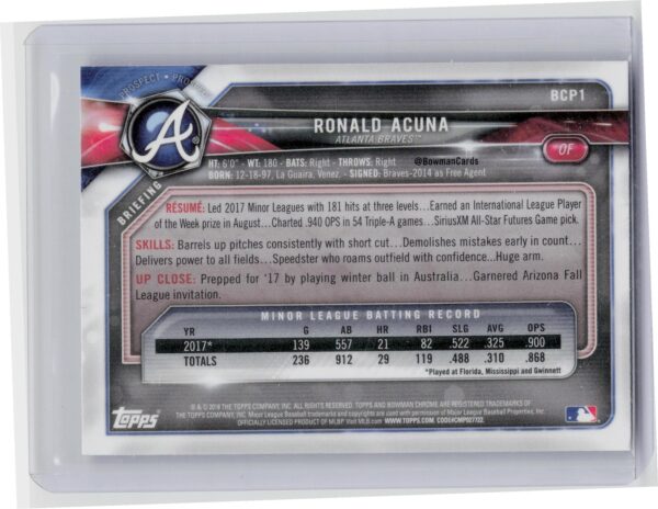 2018 Bowman Ronald Acuna #BCP1 Braves Chrome Prospects Mojo Refractor - Image 3