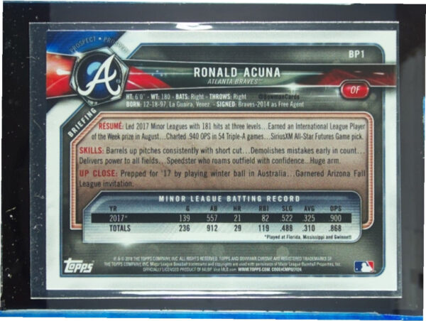 2018 Bowman Ronald Acuna #BP1 Braves Prospects - Image 3