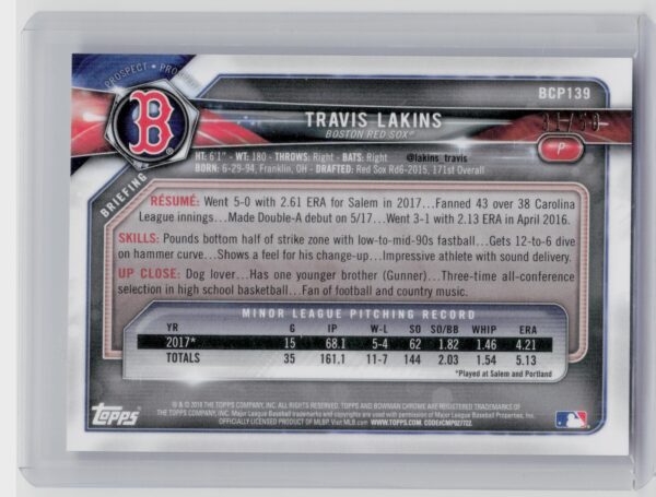 2018 Bowman Travis Lakins /50 #BCP139 Sox Chrome Prospects Mojo Refractor Gold - Image 3