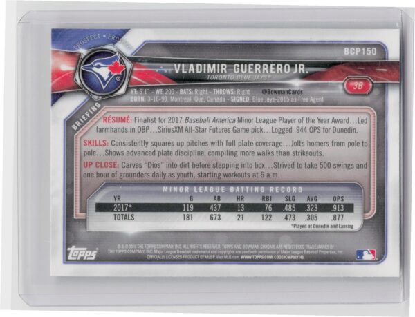 2018 Bowman Vladimir Guerrero Jr. #BCP150 Jays Chrome Prospects - Image 3