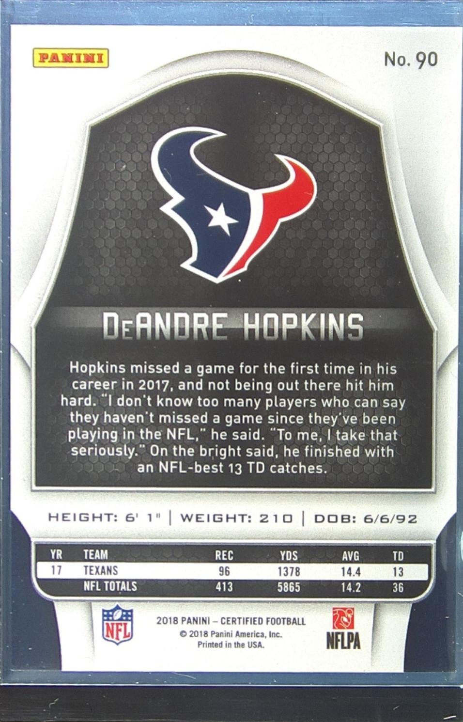 2018 Certified DeAndre Hopkins Mirror Purple /10 #90 Texans - Image 3