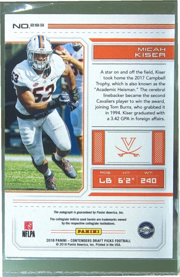 2018 Contenders Draft Picks Micah Kiser Auto RC #263 Cavaliers - Image 3