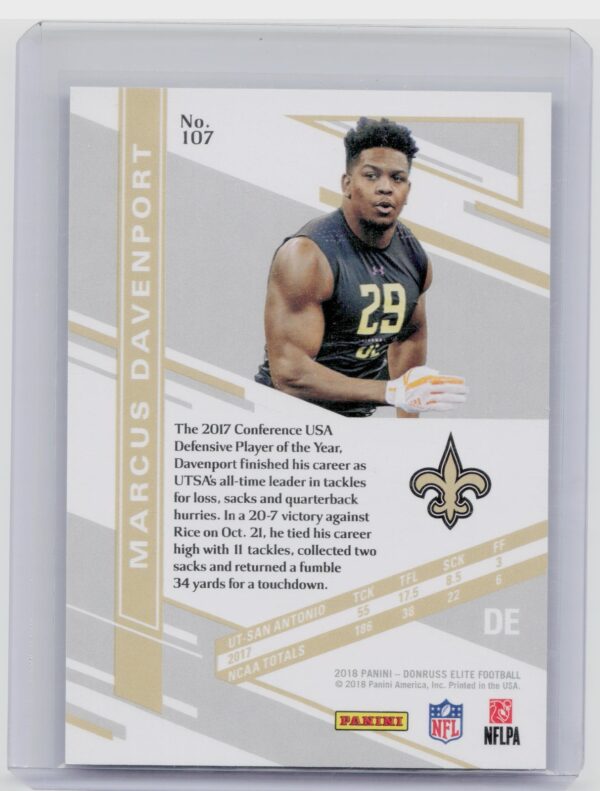 2018 Donruss Elite Marcus Davenport Status /93 #107 Saints - Image 3