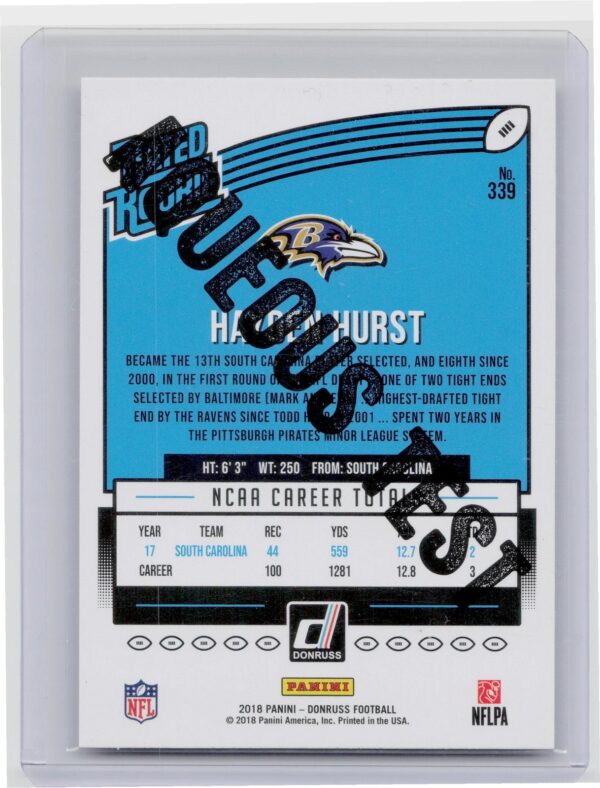 2018 Donruss Hayden Hurst RC Aqueous Test #339 Ravens - Image 3