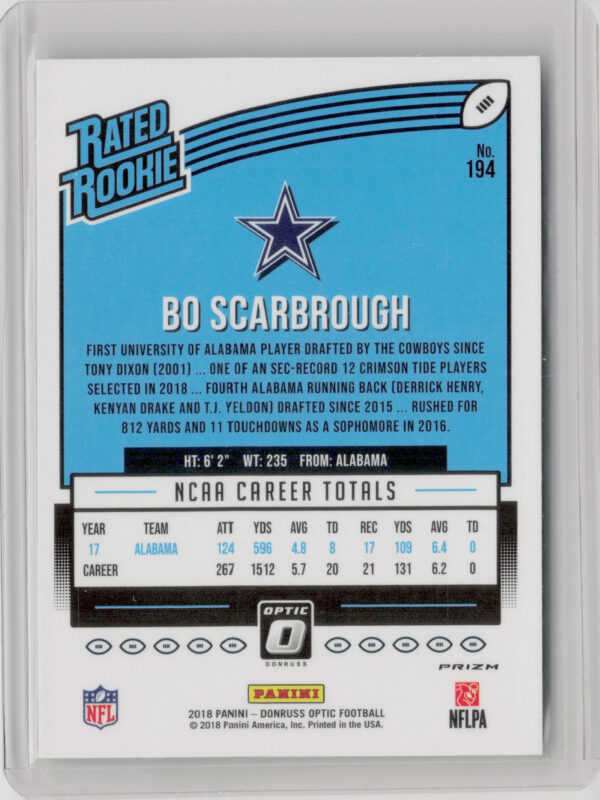 2018 Donruss Optic Bo Scarbrough Red and Yellow #194 Cowboys - Image 3