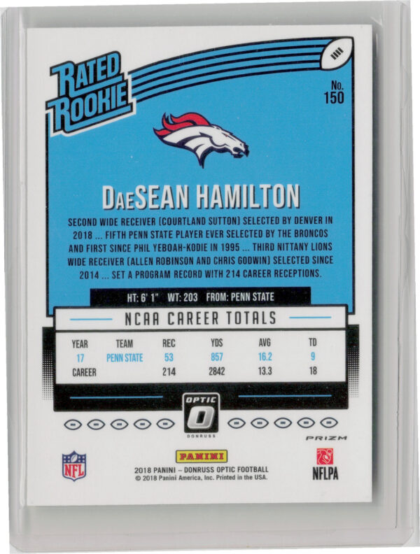 2018 Donruss Optic DaeSean Hamilton Red and Yellow #150 Broncos - Image 3
