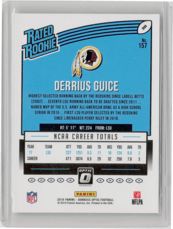 2018 Donruss Optic Derrius Guice RC #157 Redskins - Image 3