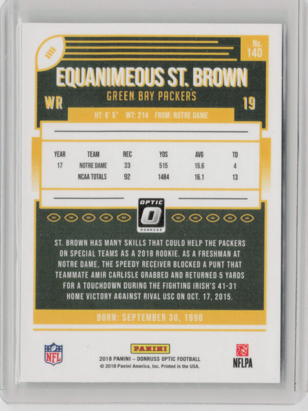 2018 Donruss Optic Equanimeous St. Brown RC #140 Packers - Image 3
