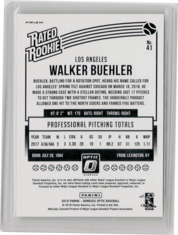 2018 Donruss Optic Walker Buehler Pink #41 Dodgers - Image 3