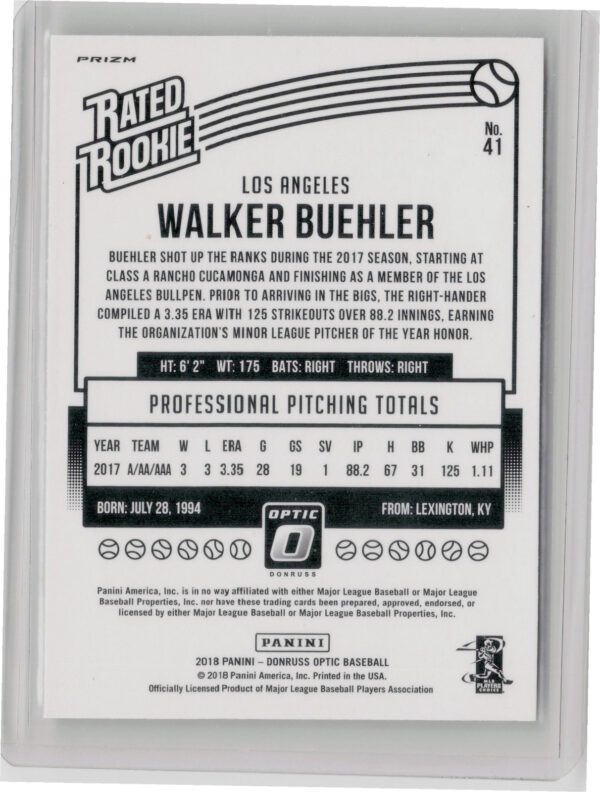 2018 Donruss Optic Walker Buehler Shock #41 Dodgers - Image 3