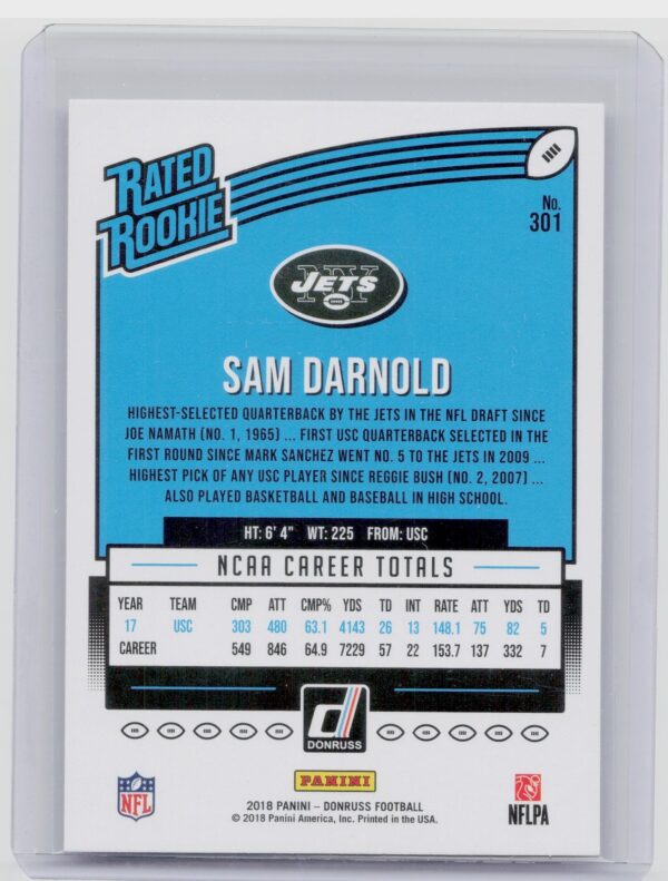 2018 Donruss Sam Darnold RC #301 Jets - Image 3
