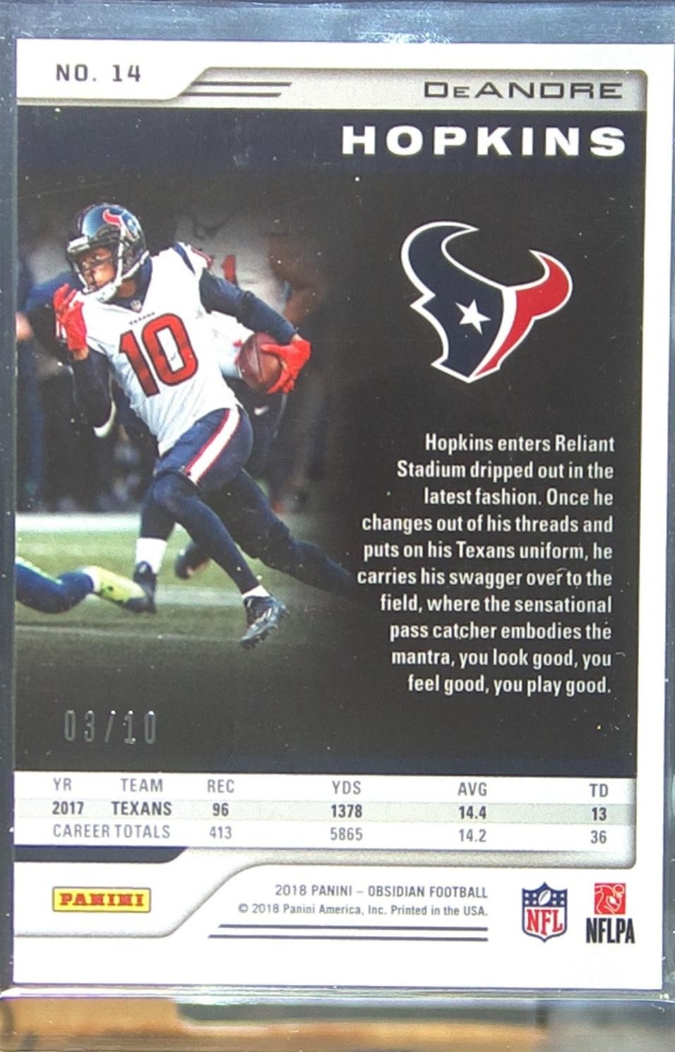 2018 Obsidian DeAndre Hopkins Electric Etch Yellow /10 #14 Texans - Image 3