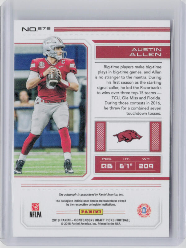 2018 Panini Contenders Draft Picks Austin Allen AU #278 Razorbacks - Image 3
