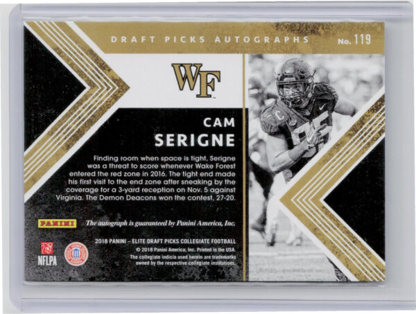 2018 Panini Elite Draft Picks Cam Serigne AU #119 Deacons Draft Picks Autographs - Image 3