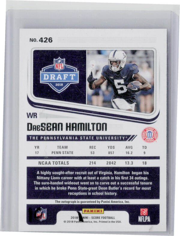 2018 Score DaeSean Hamilton AU SN20 #426 Lions Rookie Autographs Red Zone - Image 3